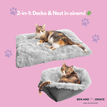 2-in-1 Selbstheizende Katzendecke & Kuschelnest I Weich, Rutschfest & Pflegeleich