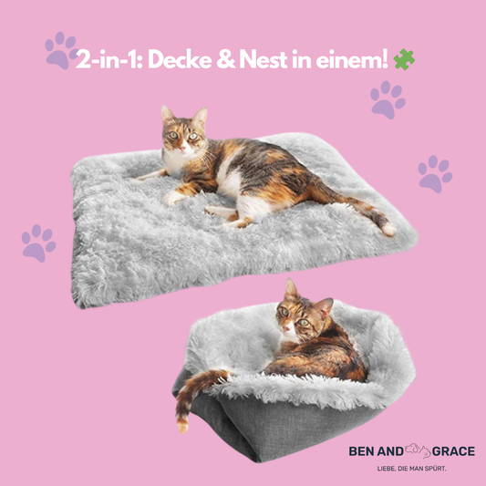 2-in-1 Selbstheizende Katzendecke & Kuschelnest I Weich, Rutschfest & Pflegeleich