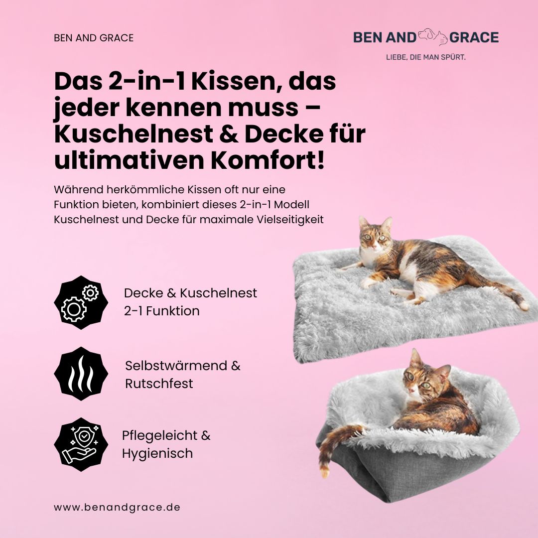 2-in-1 Selbstheizende Katzendecke & Kuschelnest I Weich, Rutschfest & Pflegeleich - FluffyBrush
