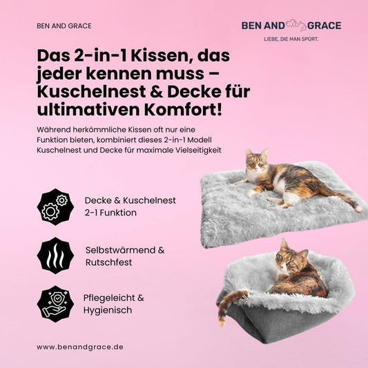 2-in-1 Selbstheizende Katzendecke & Kuschelnest I Weich, Rutschfest & Pflegeleich - FluffyBrush